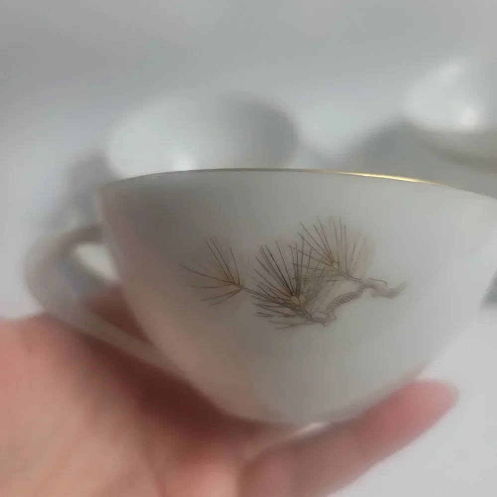 FOUR Sango Larchmont Cup & Saucer Sets White with Brown Pine Branch
